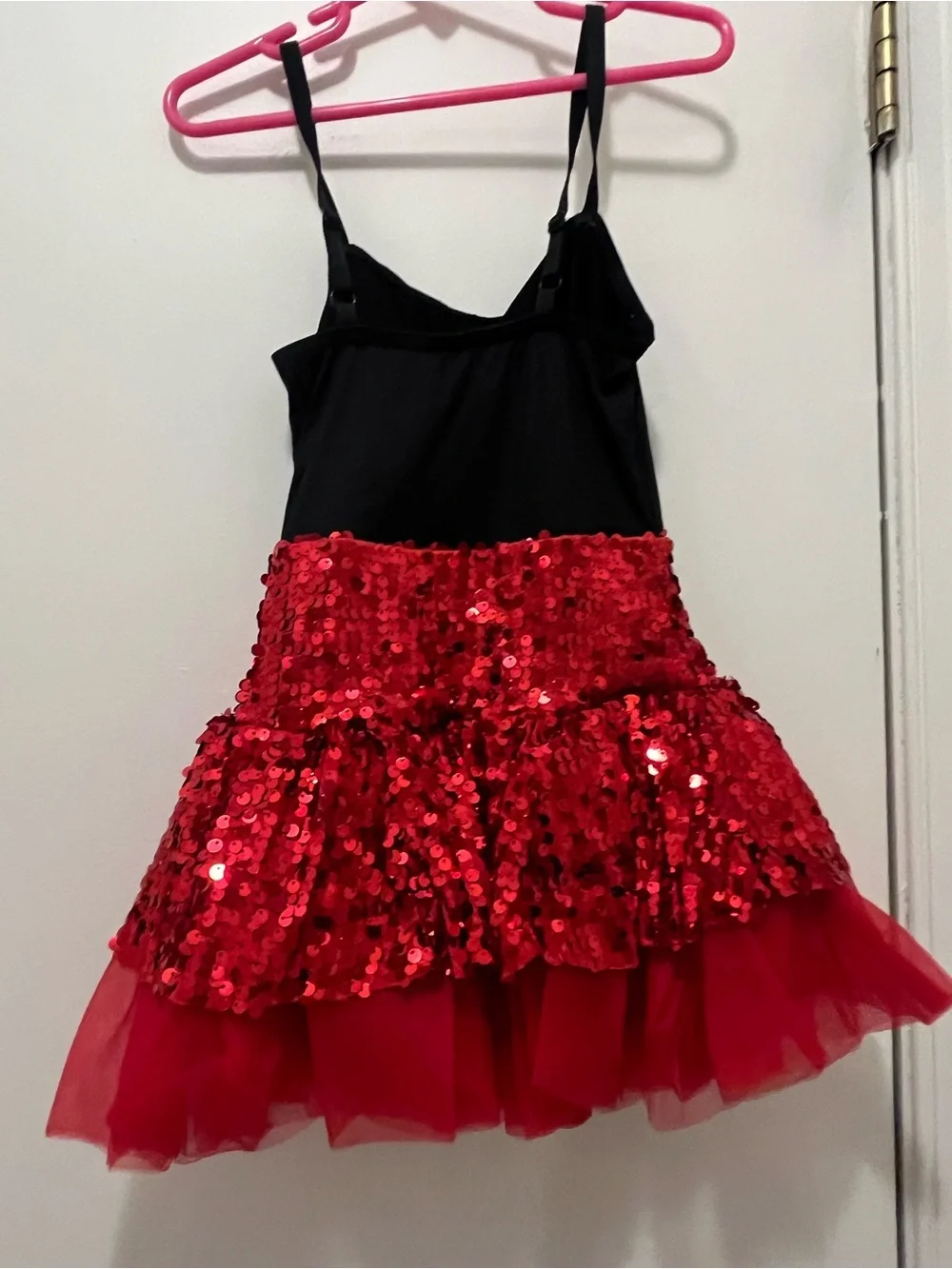 Weissman Red Sequin Layered Party Dress with Black Faux Leather Jacket
